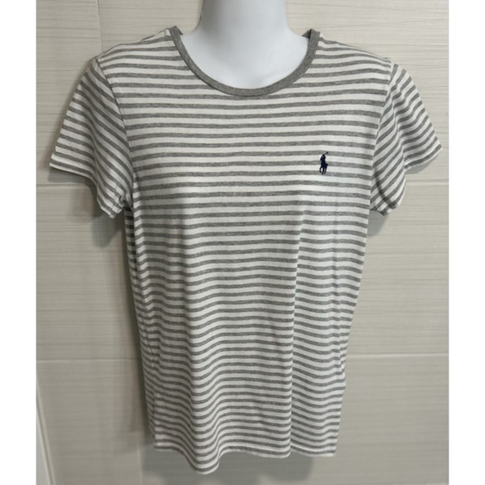 Ralph Lauren Gray Stripe Navy Pony Crew Neck Short Sleeve Cotton T-Shirt L, Prep